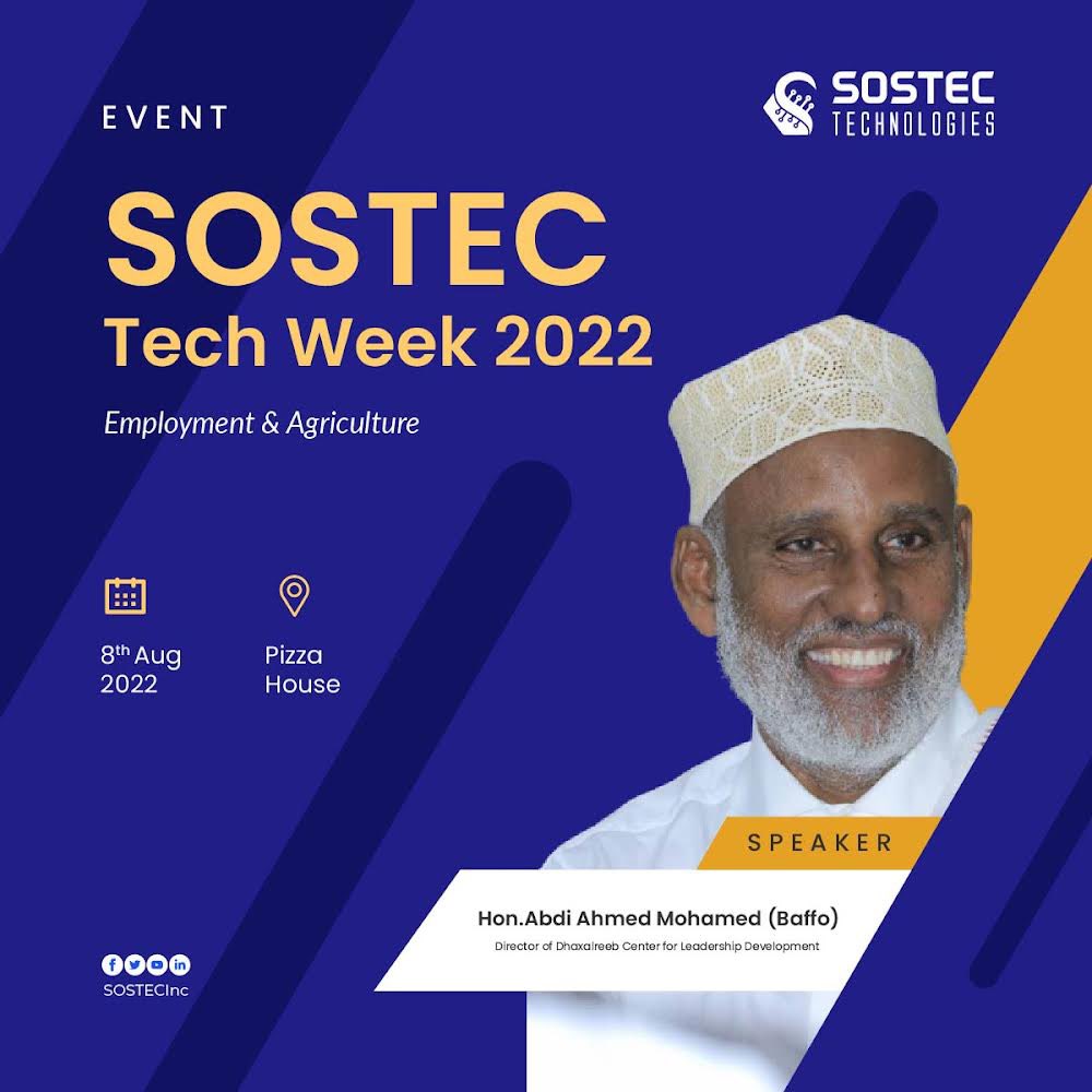 Abdi Ahmed Mohamed (Baffo), Director @DhaxalreebH Center for Leadership Development presenting Employment &amp; Agriculture at #SOSTECTechWeek2022 Awards Ceremony