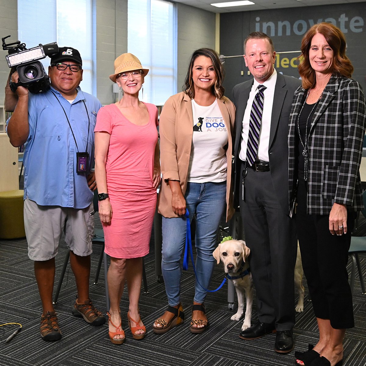 NBC DFW came to Northside Elementary School to interview Dr. Hollingsworth and Assistant Principal Erica Brown. Patches is the first ever working-dog in WISD, and she will begin integrating into classrooms this Thursday when school begins!
Watch for this story on Channel 5 today!