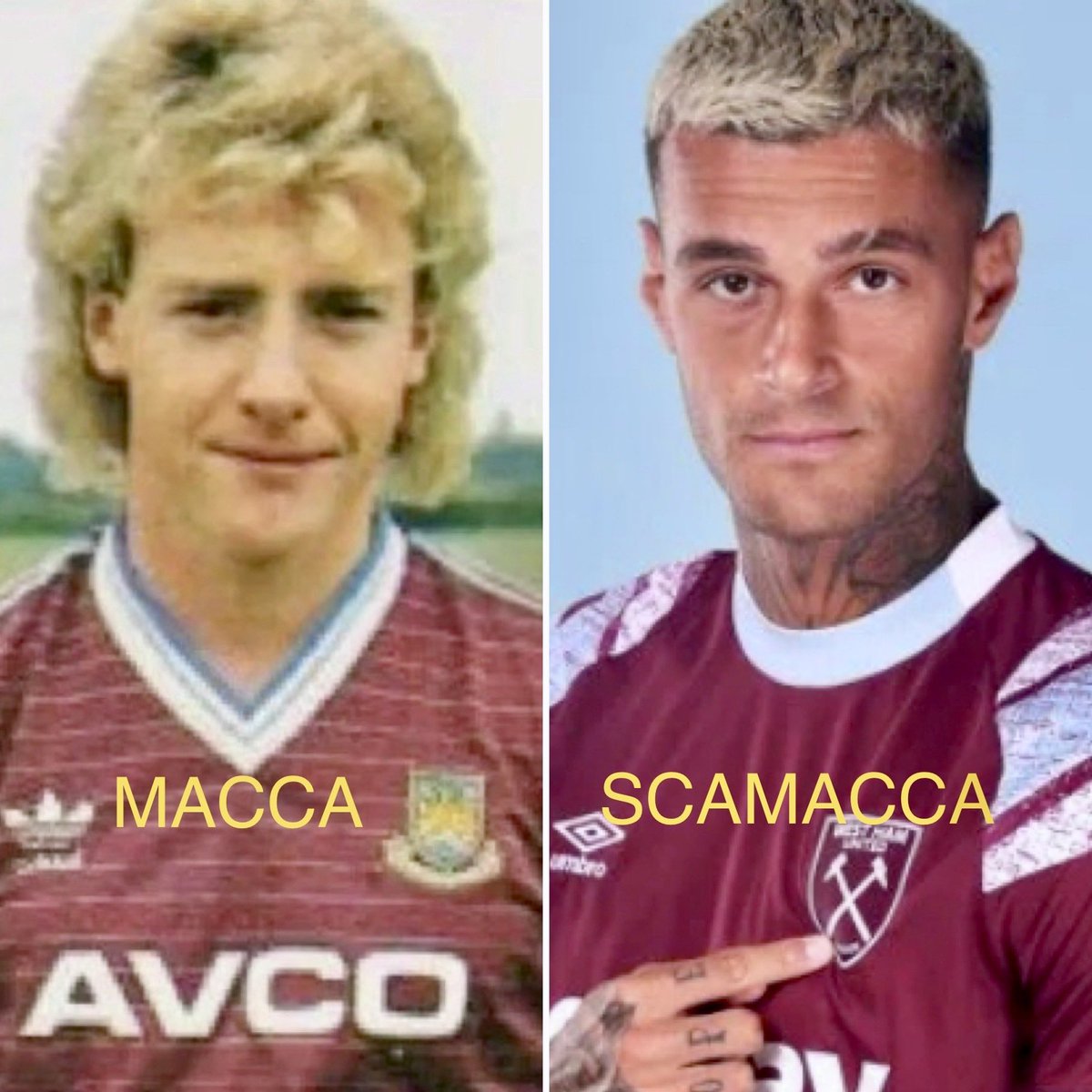 Return of the Macca ⚒ #WestHam #COYI <a href="/MaccaFrank/">Frank McAvennie</a> <a href="/iamscamacca/">Gianluca Scamacca</a> <a href="/WestHam/">West Ham United</a>