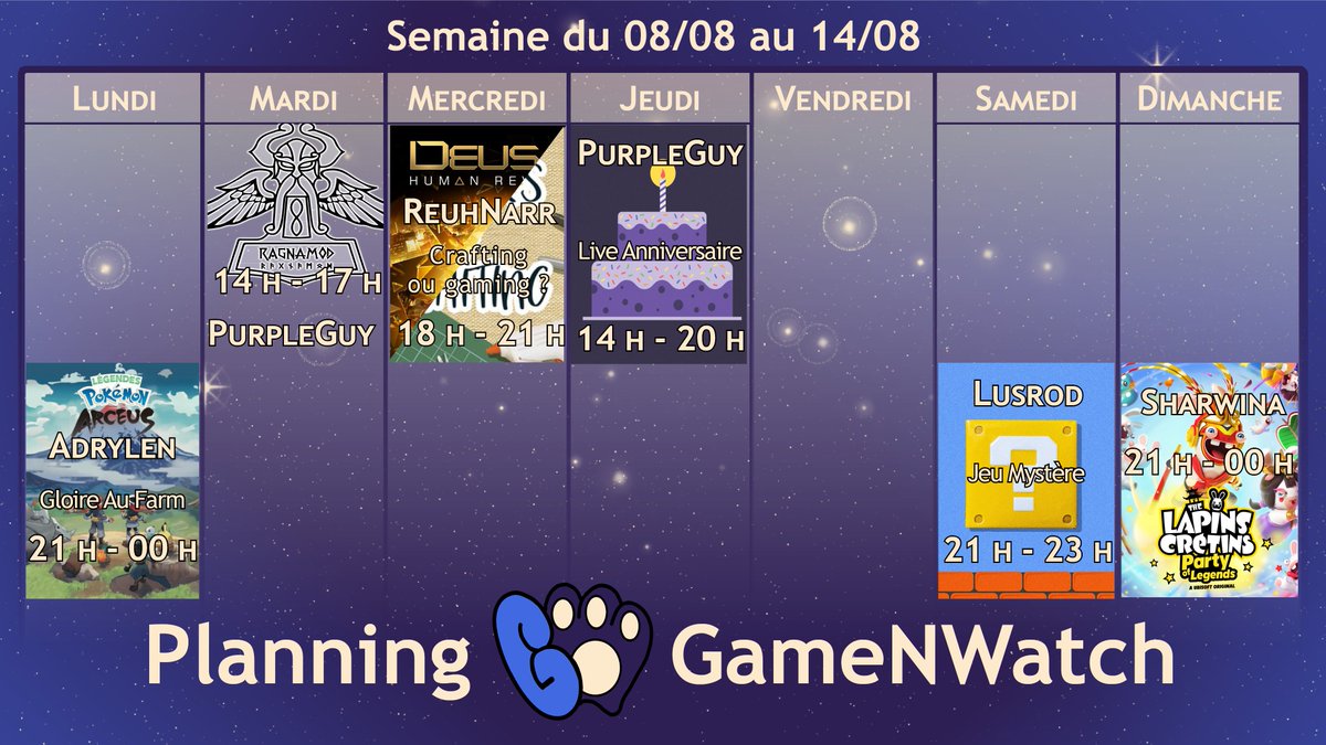GameNWatch1's tweet photo. #planning de la semaine
Tout le monde est revenu de vacances, les streams vont reprendre un rythme normal!
@adrylen_ @LusrodGNW @SharwinaGnW 
#twitchfr #stream https://t.co/UtnbdKnujM