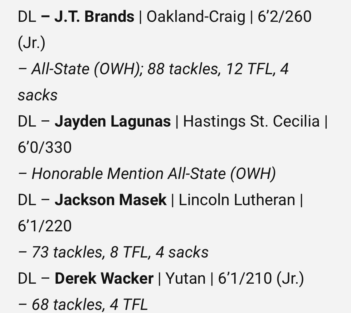 Grateful to be named to C-2 preseason all-state D-Line per <a href="/NEBHSFB/">Nebraska HS Football</a>! <a href="/CoachCRiles/">Conor Riley</a> <a href="/coachstanard/">Steve Stanard</a> <a href="/CoachKlanderman/">Joe Klanderman</a> <a href="/CoachChinander/">Erik Chinander</a> @Coach_BuschGBR @coachdawsgbr <a href="/BarrettRuud/">Barrett Ruud</a> <a href="/VincentGuinta/">Vincent Guinta</a> <a href="/TysonVeidt/">Tyson Veidt</a> @ISUMattCampbell