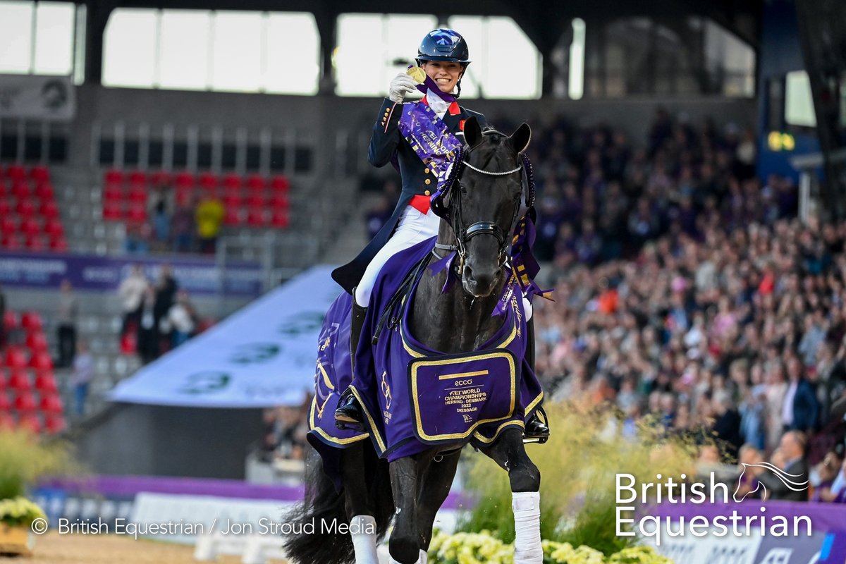 BritEquestrian's tweet photo. Charlotte Fry and Glamourdale are your new individual FEI Dressage World Champions! 🥇

Their score of 82.508% takes them to the top of the Grand Prix Special podium, with Denmark's Cathrine Laudrup-Dufour in second, and the Netherlands' Dinja van Liere in third. https://t.co/9SfHny9POw