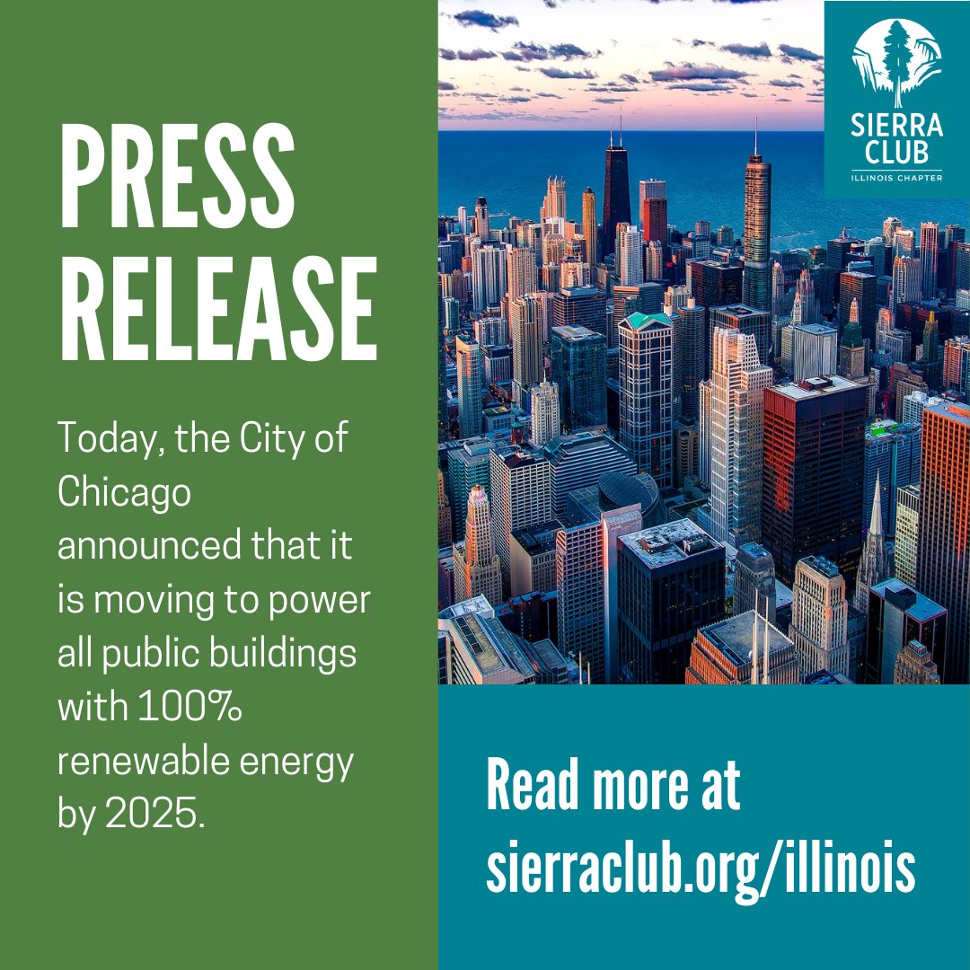 BREAKING: Today, <a href="/chicago/">City of Chicago</a> announced that it is moving to power all public buildings with 100% renewable energy by 2025, marking a historic investment in Chicago’s clean energy future. 🌎⚖️

Read Sierra Club Illinois' full statement: sierraclub.org/illinois/blog/…