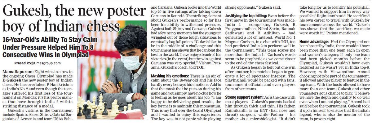 prassadrs's tweet image. Wrote on D Gukesh @DGukesh who suffered a heart-breaking loss in the penultimate round on Monday, but has --- in this #ChessOlympiad2022 --- shown his caliber right through the tournament. He hasn&apos;t just beaten @ChessbaseIndia @chesscom_in