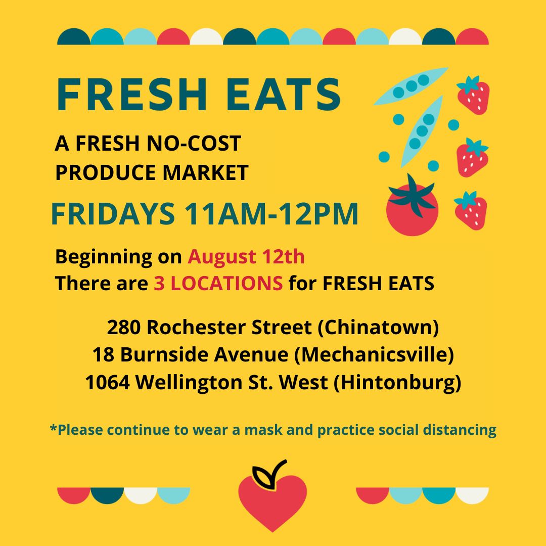 ParkdaleFood's tweet photo. Fresh Eats is growing! 
Starting this Friday August 12th, the Fresh Eats program will now be at 3 LOCATIONS from 11am-12pm. Find us at 1064 Wellington Street West (Hintonburg Community Centre),
280 Rochester Street (Chinatown), and
18 Burnside Avenue (Mechanicsville)! https://t.co/lbznDPZtVG