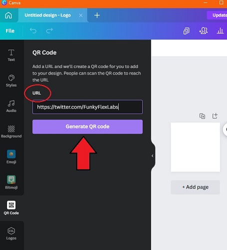 FunkyFlexLabs's tweet image. 3/7 Enter your URL for the QR code that you want to use and select &quot;generate QR code&quot;. 

👉It must be a URL otherwise it won&apos;t work.

#quickresponsecode #qrcode #canva #canvapro #canvaproqrcode #qr #qrcodegenerator #quickresponse #canvaprotip #instructions #generateaqrcode