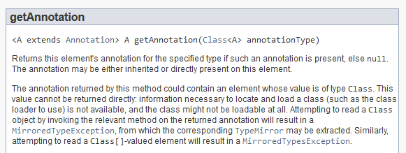 In Java, to process an annotation that has a Class passed into it, you call the getter method like normal which then throws an Exception that you catch, then you may extract the value from the Exception.

As far as I can tell this is the accepted way to do this.