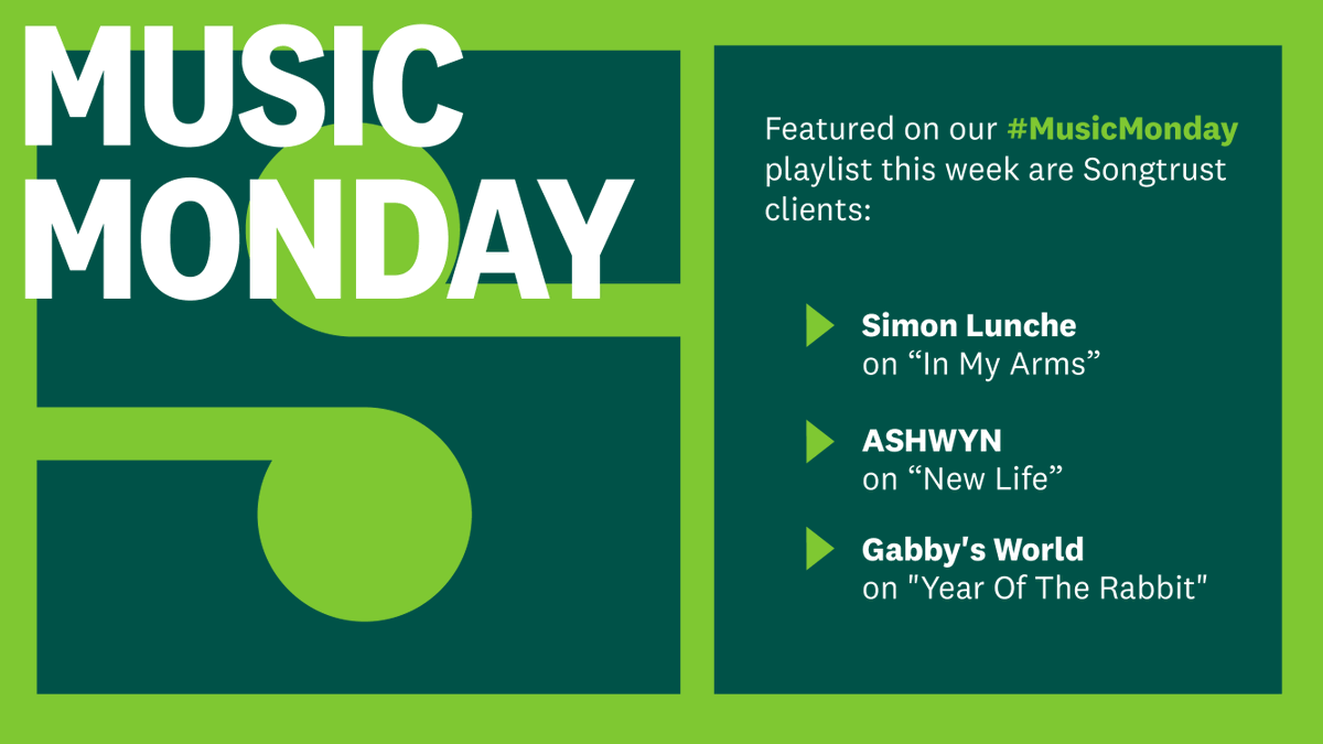 What’s your Monday morning ritual? Let our #MusicMonday playlist be a part of it, featuring new song additions by Songtrust clients <a href="/SimonLunche/">Simon Lunche</a> on "In My Arms," <a href="/ashwynmusic/">ASHWYN</a> on "New Life," and Gabby's World on "Year Of The Rabbit." songtr.st/3kZPsBo