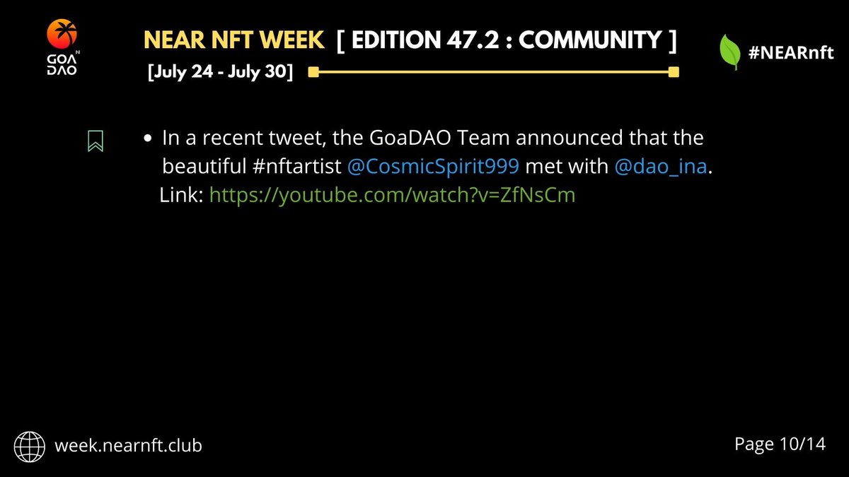 Weekly Highlights
<a href="/GoaNEARopenweb/">GoaDAO NEAR</a>

✅ NFT Artists 

#NFT $NEAR #NFTCommmunity
#NEARnft #NEARnftWEEK