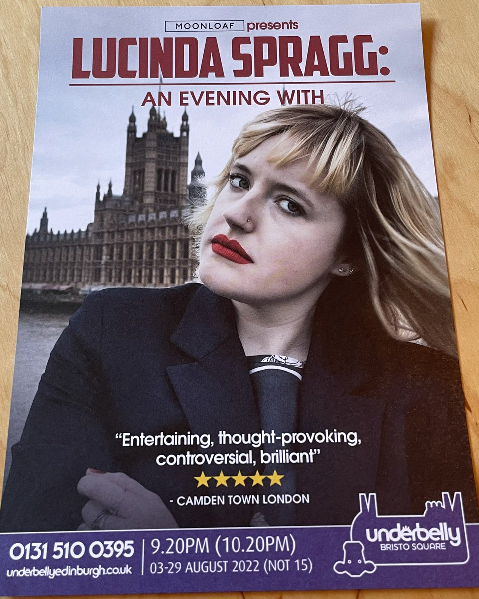 Edinburgh peeps… you HAVE to go and see Lucinda Spragg from <a href="/moon_loaf/">MOON LOAF</a> at 21:20 <a href="/FollowTheCow/">Underbelly Edinburgh</a> - had me laughing non-stop from start to finish!!
