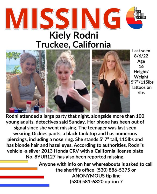 ‼️TIP LINE SET UP FOR INFORMATION LEADING TO 16-YEAR-OLD KIELY RODNI‼️#KielyRodni, the teen who went #MISSING early Saturday morning near the Presser Family Playground. Please call (530) 581-6320 Option 7. 
<a href="/PlacerSheriff/">Placer Sheriff</a>