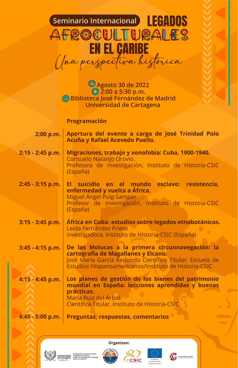 ConnecCaribbean's tweet photo. #Invitación  SEMINARIO INTERNACIONAL. Legado afroculturales en el Caribe, una perspectiva histórica 
#30agosto  Aquí toda la programación. Organiza.  Universidad de cartagena, @csic @VInUnimagdalena https://t.co/OnhVNnmgNo