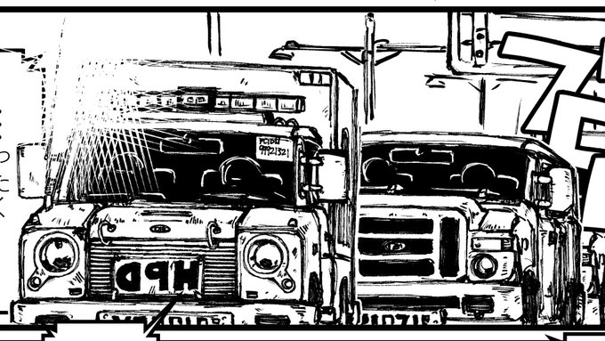 ここの先頭車、完全手癖で描いた存在しないくるまだけどかわいくかけたのでめちゃくちゃ気に入ってる(後続車もいちおう架空だけどフォードのバンを意識して描いた) 