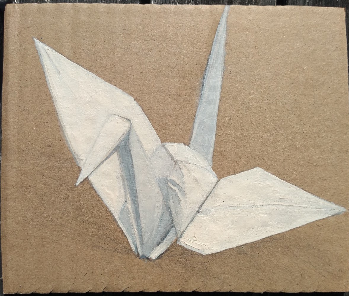 JillRebelArts's tweet photo. Never Again!  I managed to paint 8 origami cranes to mark 8th August, the 77th anniversary of the bombing on Nagasaki.  Not quite 1000 to make my wish for peace yet. The threat of nuclear war looms again now as the playground bullies who call themselves politicians talk up war. https://t.co/Us20bpWae5