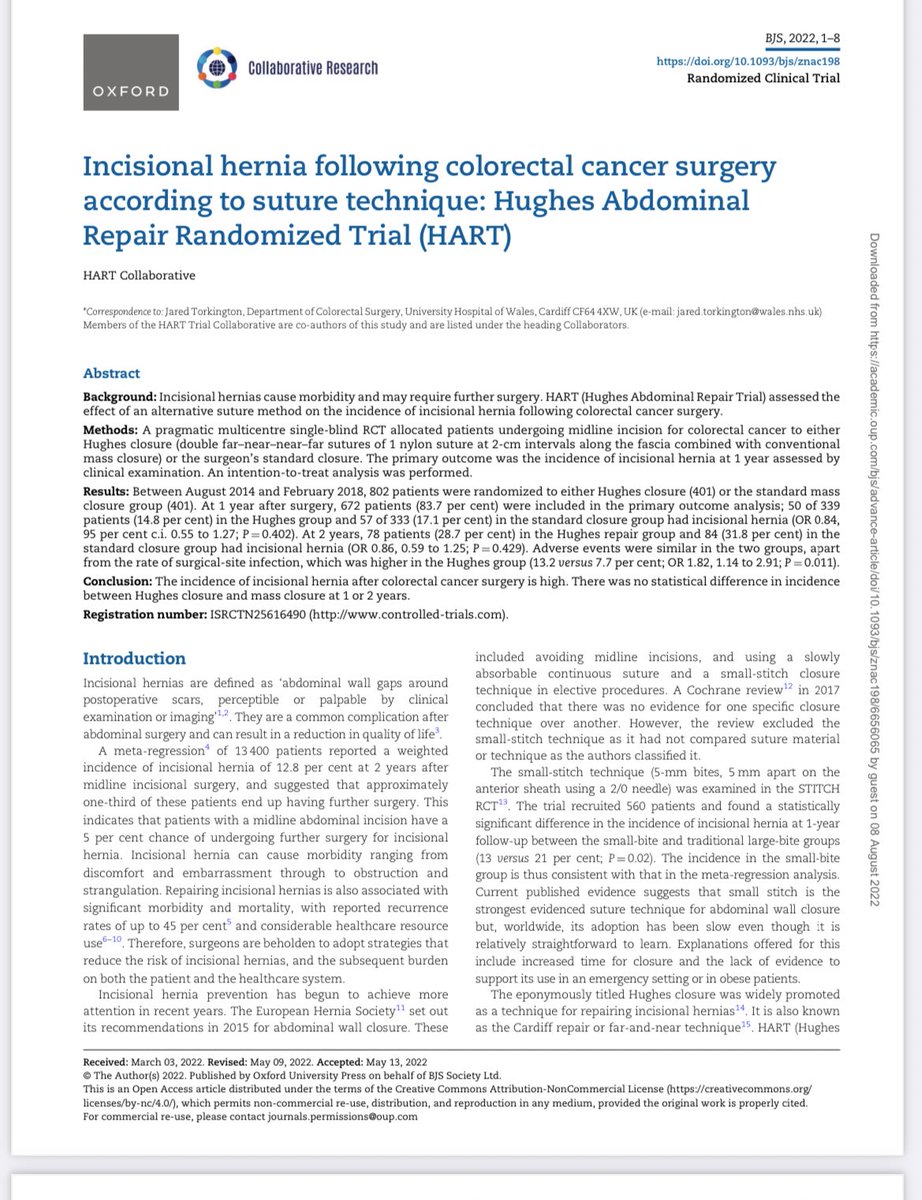 Delighted to see the @HART_trial published in @BJSurgery - a decade after conception of the trial! Well done all involved 👏🏻