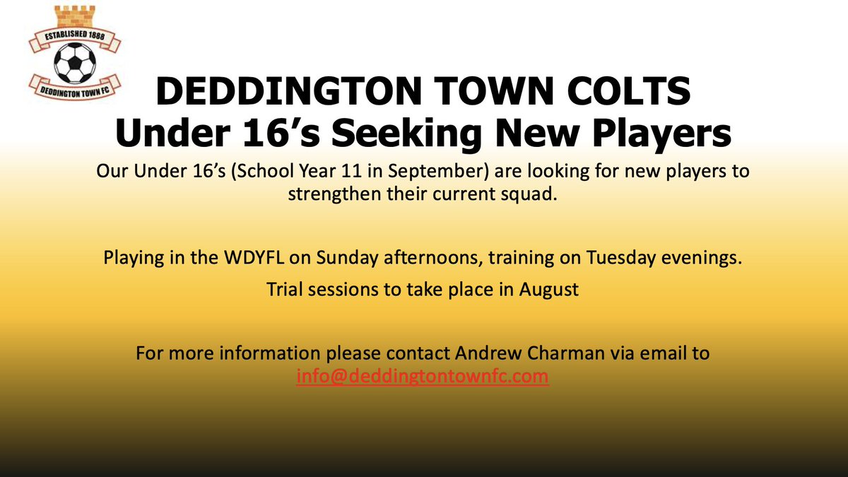 DeddingtonTown's tweet photo. Under 16's Player Recruitment Update: https://t.co/JP4b8KkbHz