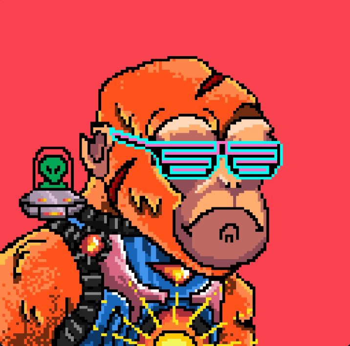*** Space Ape in the picture ***

Space Ape #2957

Although 'Red' is the most common background, this ape has some nice other traits. 
Neon glasses and a martian accesoire.
Did you know his outfit 'Repulsor' is only 0.23% within the whole collection!
Talk about rare..

#mtv