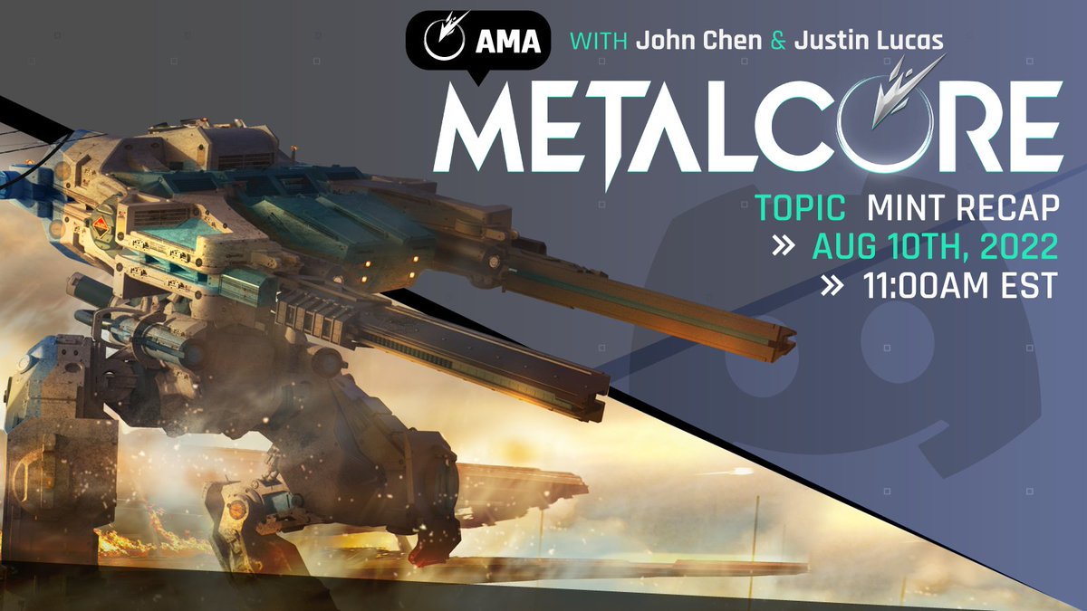 playmetalcore's tweet photo. 🚨LIVE Discord AMA!! 

Join @j0hnchen and @jlmetalcore as we recap our "Infantry Mint", discuss future plans, and answer your most pressing questions.

🗓️: August 10th 
⏰: 11 AM EST
📌: https://t.co/iNaiXQrv3P 

Set a reminder⏰

#PlayMetalCore #DiscordAMA #InfantryMint https://t.co/hyTh50SOBa