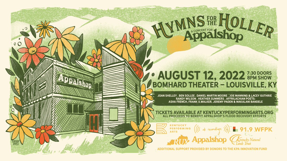 KyCtrArts's tweet photo. This Friday, August 12, join us at @KyCtrArts for an evening of music and poetry to benefit @Appalshop's flood recovery efforts. 🎫Find tickets to 𝙃𝙮𝙢𝙣𝙨 𝙁𝙤𝙧 𝙏𝙝𝙚 𝙃𝙤𝙡𝙡𝙚𝙧: 𝘼 𝘾𝙤𝙣𝙘𝙚𝙧𝙩 𝙛𝙤𝙧 𝘼𝙥𝙥𝙖𝙡𝙨𝙝𝙤𝙥 now at  https://t.co/rilJFhnhnw. https://t.co/YkOiz0LLKv