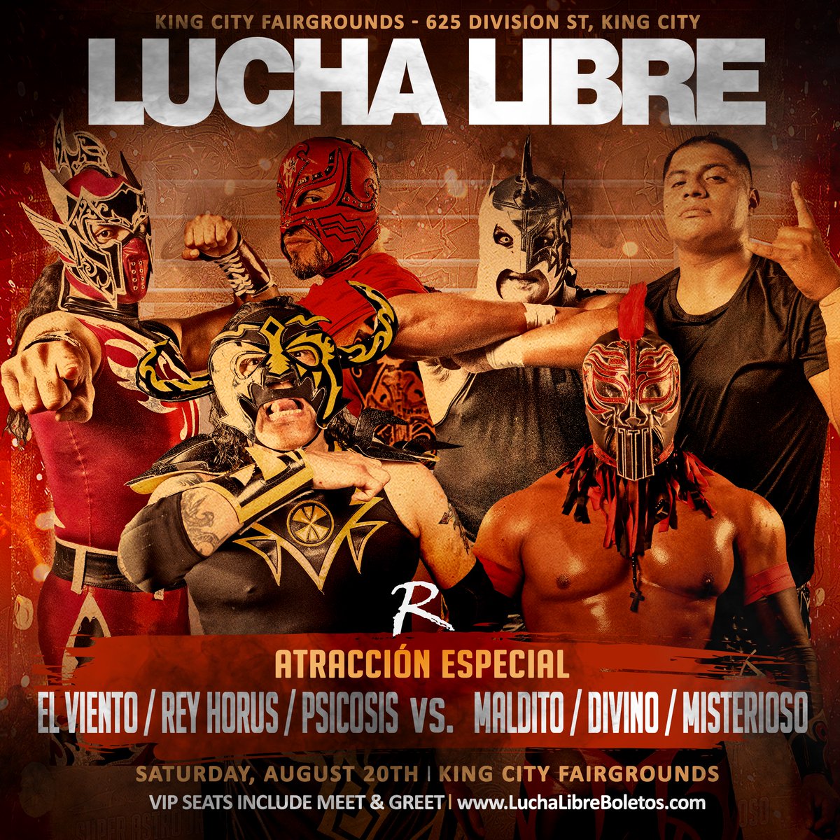PWRevolution's tweet photo. *** Sat. Aug 20th! ***
ATRACCIÓN ESPECIAL
El Viento / Rey Horus / Psicosis 
vs. 
Ultimo Maldito / Arkangel Divino / El Misterioso

Only VIP Seats include Meet &amp; Greet!
🎟 https://t.co/nkNntsFoMo

#Viva #LuchaLibre #KingCity https://t.co/RFiMXog6sY
