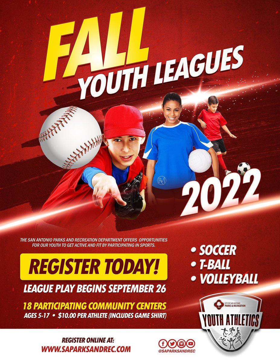 SAParksandRec's tweet photo. 🍁 FALL Youth League Registration is OPEN!! ⚽️⚾️🏐

Call your local community center for more information or register online here! ⬇️
https://t.co/0CQbiGrkKe

#YouthLeagues #FallSports #SAParksAndRec #Sports #Fitness #ExploreTheFun https://t.co/hz3cbMCyTy