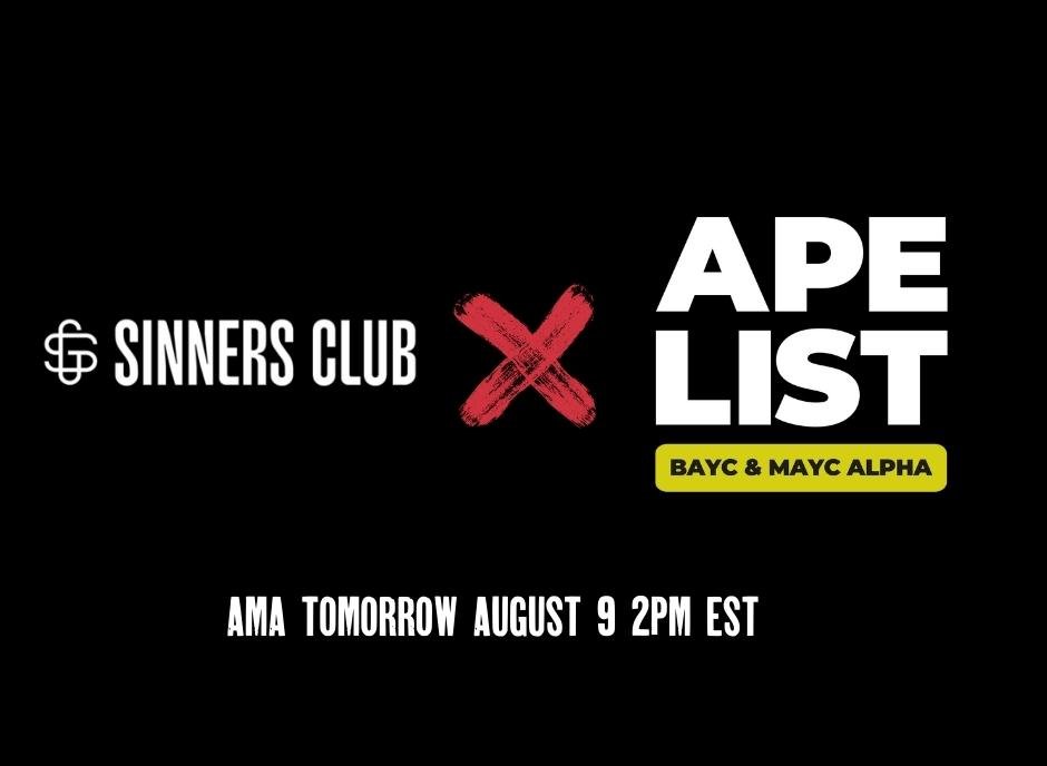 Join AMA tomorrow at 2pm est with <a href="/TheApeList_/">Ape List</a> &amp; <a href="/SinnersClub_/">SinnersClub</a> 

x.com/i/spaces/1RDxl…