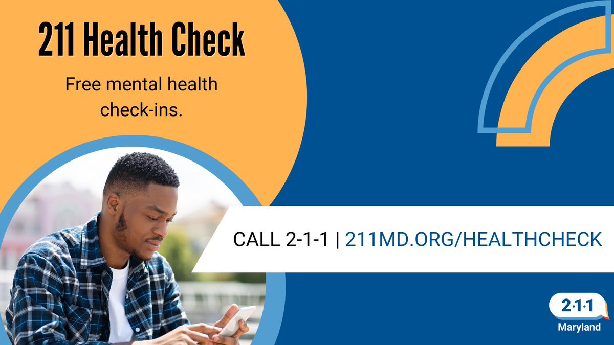 211Maryland's tweet photo. Our free and confidential program, 211 Health Check, is here when you need it. We can help. https://t.co/BoyB7AEQ6P @MDH_BHA @PrevSuicideMD #mentalhealthmatters #gethelpnow #gethelpgetbetter #confidentialsupport #suicideprevention https://t.co/I19f1mtqZx