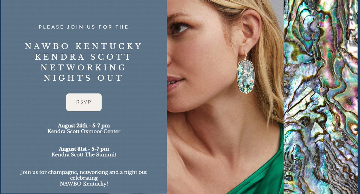 Kendra Scott Invites You

TO TWO NAWBO KENTUCKY CELEBRATIONS

August 24th, 5-7 pm Louisville OR August 31st, 5-7 pm Lexington

Join us for a Kendra Gives Back Networking Event benefiting NAWBO Kentucky -- 20% of all proceeds will benefit NAWBO, plus enjoy a night of fun!