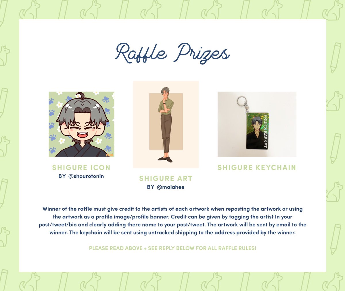 ShigureWeek's tweet photo. Hello everyone, Today we are revealing all prizes for the Shigure Week raffle!

The winner of the raffle will receive 2 amazing artworks by @shourotonin &amp; @maiahee_  + a Shigure Keychain!

You have until August 10th at 1pm to enter. Please see raffle rules &amp; info below! https://t.co/rNL6kIlKDc