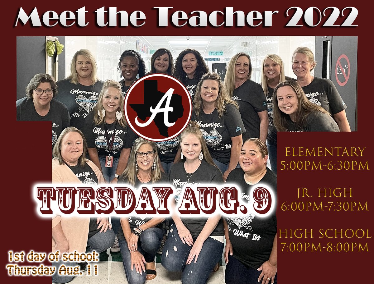 ArpISD's tweet photo. MEET THE TEACHER Tuesday Aug. 9:
Elementary: 5:00pm-6:30pm
@Arp_JH: 6:00pm-7:30pm
H.S.: 7:00pm-8:00pm
1st day of classes of the 2022-23 school year is Thursday Aug. 11. Elementary families can drop off school supplies in their respective classrooms at this event.
#GROW https://t.co/3pfF9lhJp7