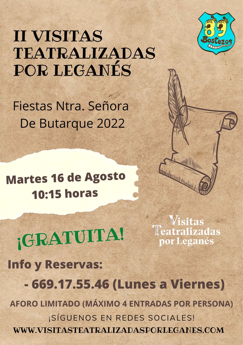 Vteatralizadas's tweet photo. ¡¡¡VOLVEMOS!!!

Martes 16 de agosto volveremos con nuestra II Edición de las Visitas Teatralizadas por Leganés dentro de la programación de las Fiestas De Nuestra Señora de Butarque a las 10.15h.

-GRATUITO- 

Para más información en nuestro cartel.

#FiestasLeganes https://t.co/SQiXCqN66d