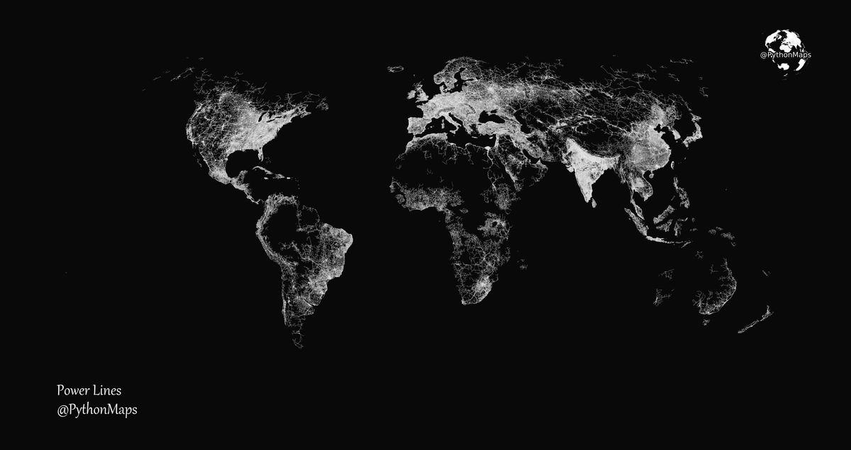 Mapping the world's power cables. 
This map shows power cables around the world derived from open street map. 
Made with #Python using #matplotlib and #Numpy. #DataScience #DataVisualization #Map #Geography #dataviz #data #DataScientist