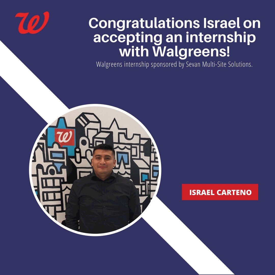 Congratulations to Israel Carteno for accepting an internship with <a href="/Walgreens/">Walgreens</a>!