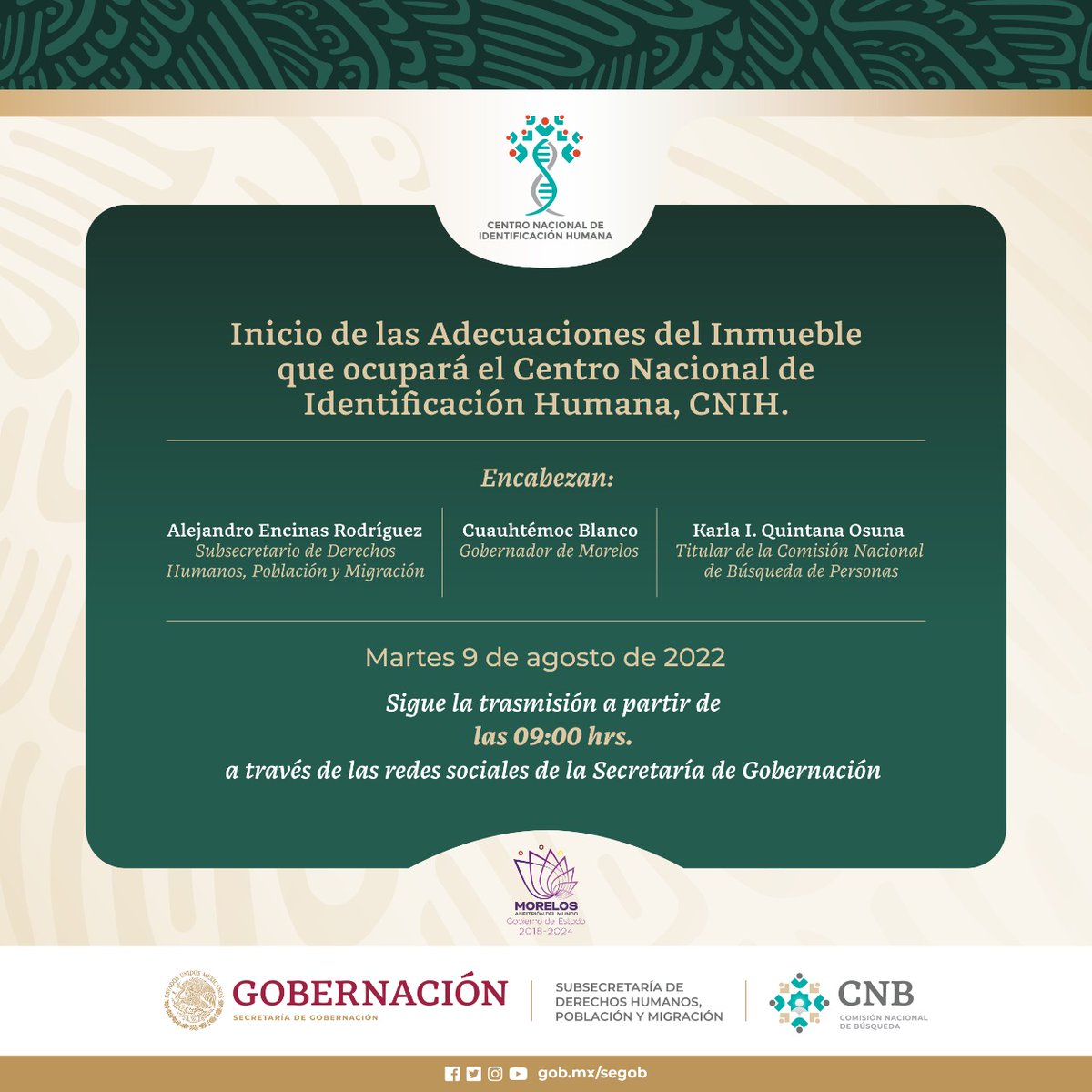 Alejandro Encinas (@a_encinas_r) on Twitter photo Inicio de las adecuaciones del inmueble que ocupará el Centro Nacional de Identificación Humana #CNIH
📆Martes 9 de agosto
⏰9:00
🔴📽️ Transmisión en vivo <a href="/SEGOB_mx/">Gobernación</a>
📍 Xochitepec, Morelos
goo.gl/maps/iQzUNL2WD… Inicio de las adecuaciones del inmueble que ocupará el Centro Nacional de Identificación Humana #CNIH
📆Martes 9 de agosto
⏰9:00
🔴📽️ Transmisión en vivo <a href="/SEGOB_mx/">Gobernación</a>
📍 Xochitepec, Morelos
goo.gl/maps/iQzUNL2WD…