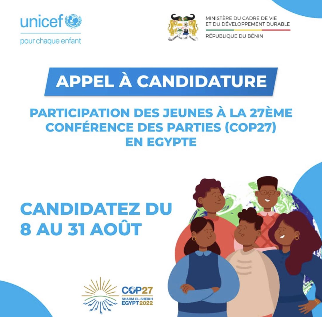 Bonsoir chers jeunes béninois-es! Top c'est parti!
<a href="/UNICEF_Benin/">UNICEF Benin</a> lance un appel à candidature en ce jour pour le financement des jeunes à la #COP27 en Egypte! Bonne concentration à tous
Candidatez-ici : bit.ly/3cSiFx1