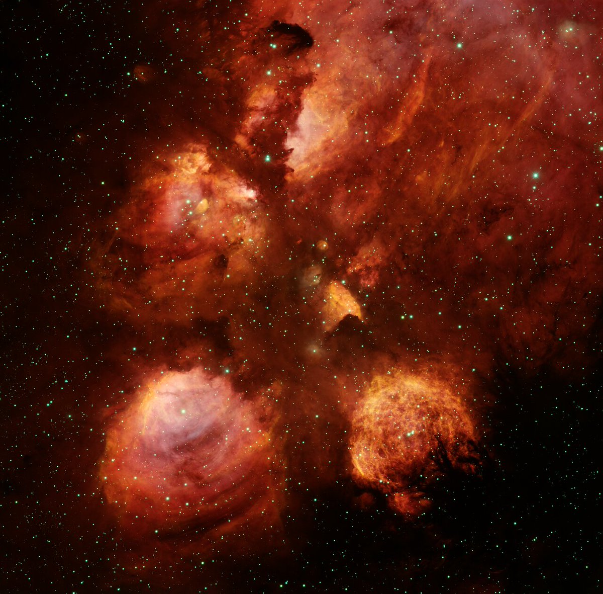 NOIRLabAstro's tweet photo. Happy #internationalcatday 😺! Check out this purr-fect image of emission nebula NGC 6334 aka the Cat’s Paw Nebula 🐾, a star-forming region in the constellation Scorpius. 
Credit: T.A. Rector/@uanchorage, T. Abbott and NOIRLab/NSF/AURA https://t.co/U19FxZiGrz https://t.co/J7uRe6Lskq