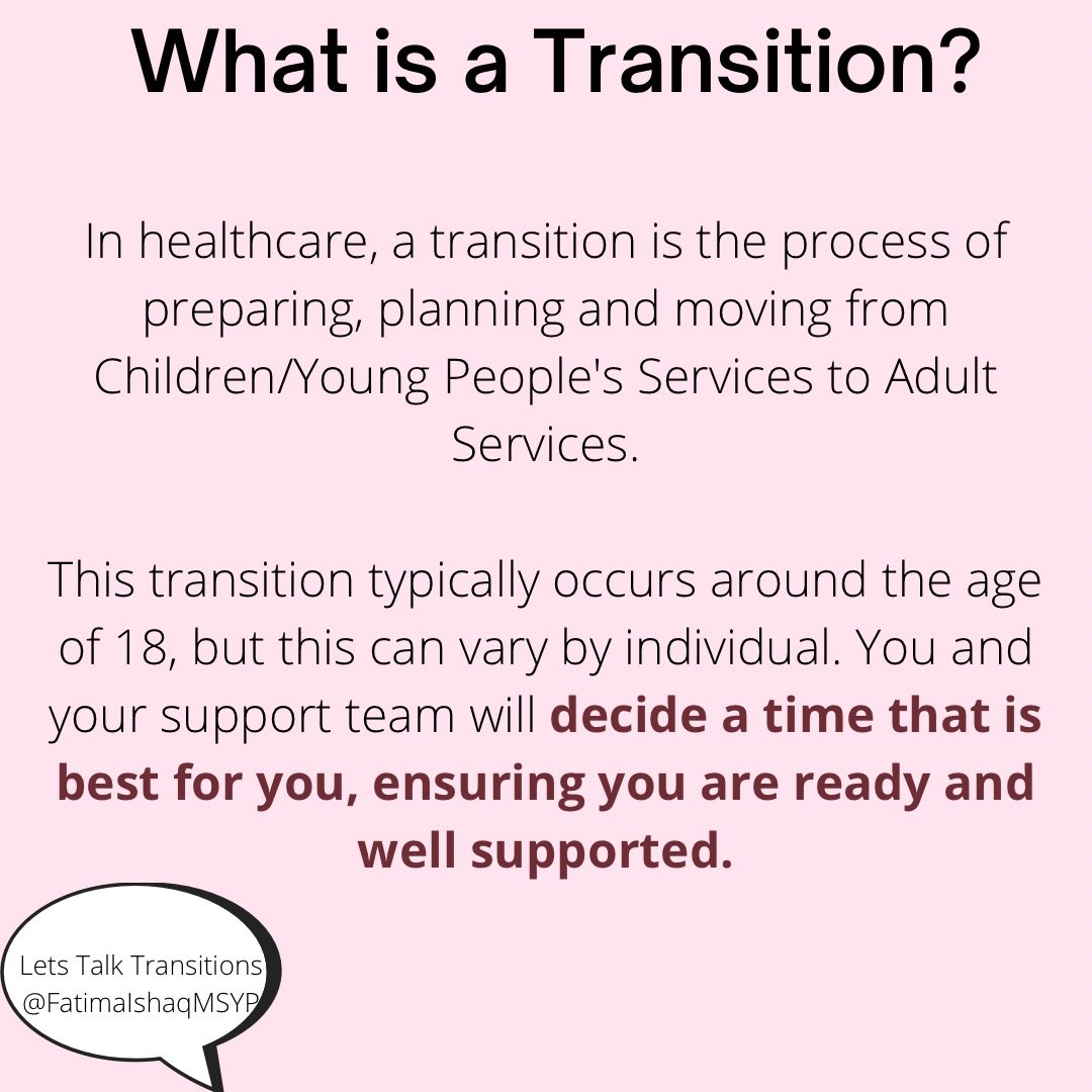 So, #LetsTalkTransitions

💫Change can be scary (it’s totally valid!), but it may be comforting to know that your Mental Health team will decide with you the right time for this transition to occur, whilst taking into account your circumstances and needs.

You are not alone💗