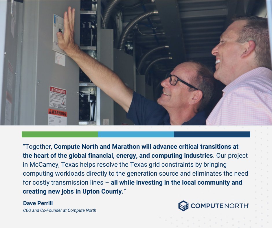 Can you feel the energy? <a href="/computenorthllc/">Compute North</a> is thrilled to announce that energization has begun at our 280MW TIER 0™ data center co-located at a wind farm in McCamey, Texas. Read the full release: hubs.ly/Q01jx6Fg0

<a href="/MarathonDH/">Moved to @MARAHoldings</a> #bitcoin #texas #renewables