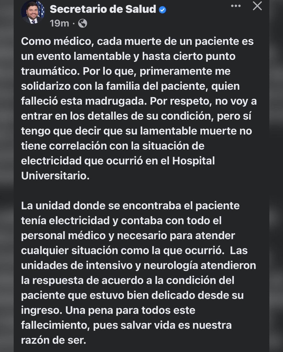 El secretario se Salud, Dr. Mellado, desmiente la de denuncia de una persona en redes que alegó su hijo falleció hoy a causa del problema que hubo de falta de energía en Centro Médico. Desliza para el escrito del secretario. 

¿Qué opinas? 

#MegaTV