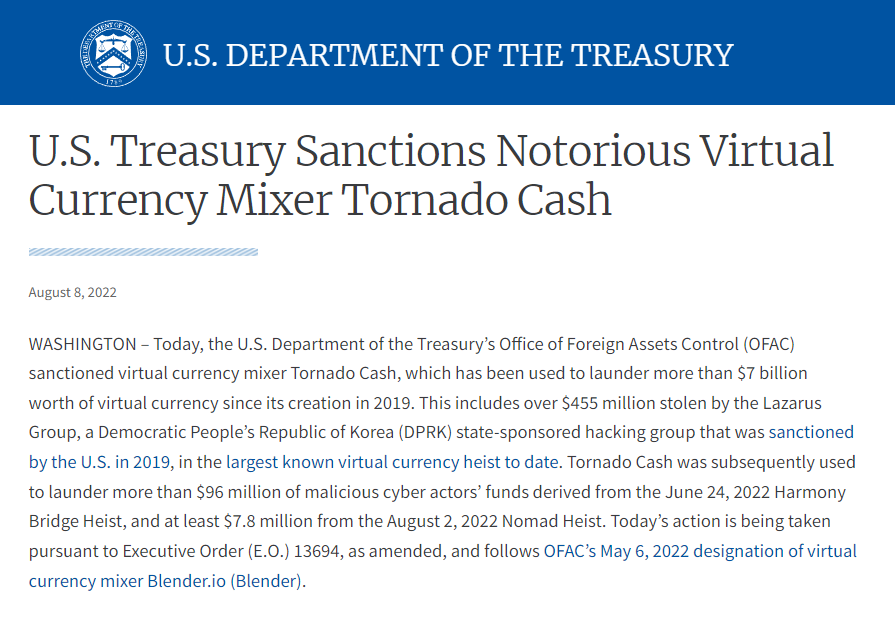 NFTherder's tweet photo. The U.S. Treasury just sanctioned Ethereum mixer Tornado Cash. TC has been used it countless of crypto and nft related crimes including those discord scammers and wallet drainers

This means TC will be blocked and harder to use within the U.S. moving forward https://t.co/ndeVo8D6PP