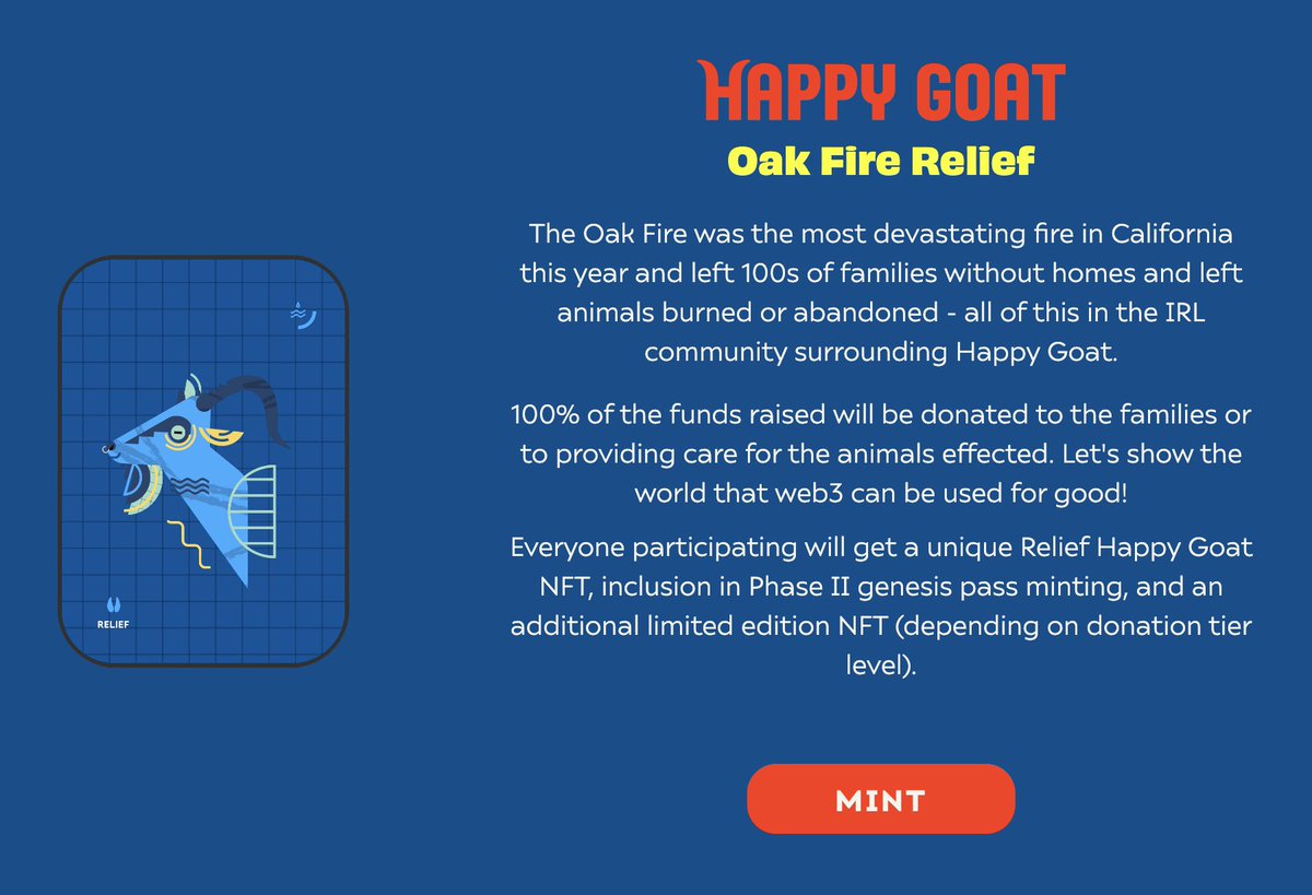 Do you like #NFTs or just want to support a good cause?
Head over to happygoat.co/fundraising
&amp; help <a href="/HappyGoatOrg/">Happy Goat</a> raise some funds for #OakFire relief 👏 

100% of the funds raised will be donated to the families or to providing care for the animals effected. 

That's right 100%!