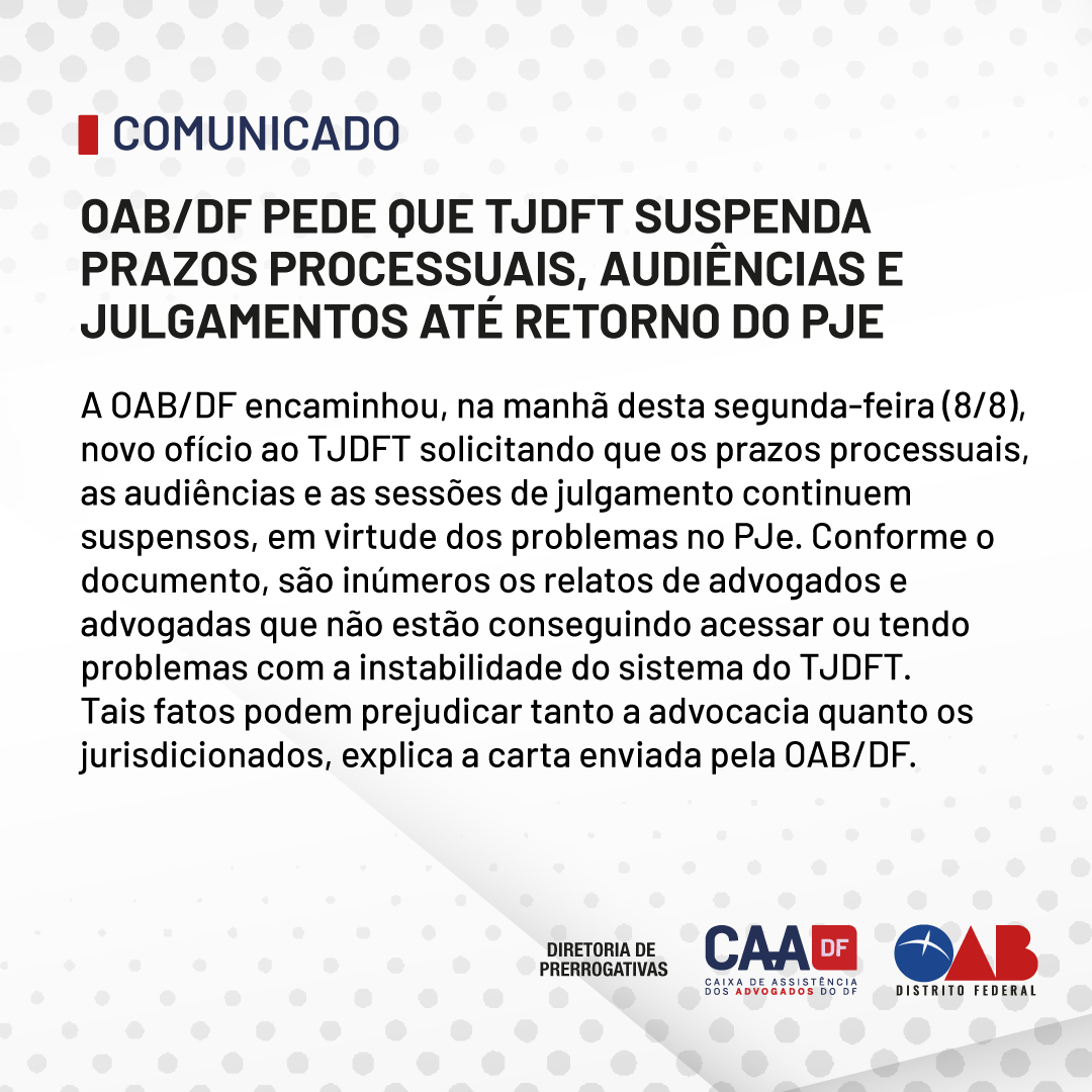 OABDF_oficial's tweet photo. NOTÍCIAS OAB/DF!
Nesta segunda-feira (8/8), a OAB/DF encaminhou um novo ofício solicitando ao TJDFT que os prazos processuais, audiências e sessões de julgamentos continuem suspensos.
#oabdf #caadf #pje #tjdft #sistema #advocacia https://t.co/lQT3Eadqug
