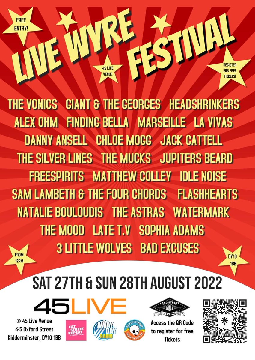 The BEST FREE 2 day festival of 2022 <a href="/FestivalWyre/">Live Wyre Festival</a> Kidderminster 
August 27-28th as you don't want to miss this one as over 70% of tickets already gone so come BRING THE NOISE!

eventbrite.co.uk/e/live-wyre-fe…