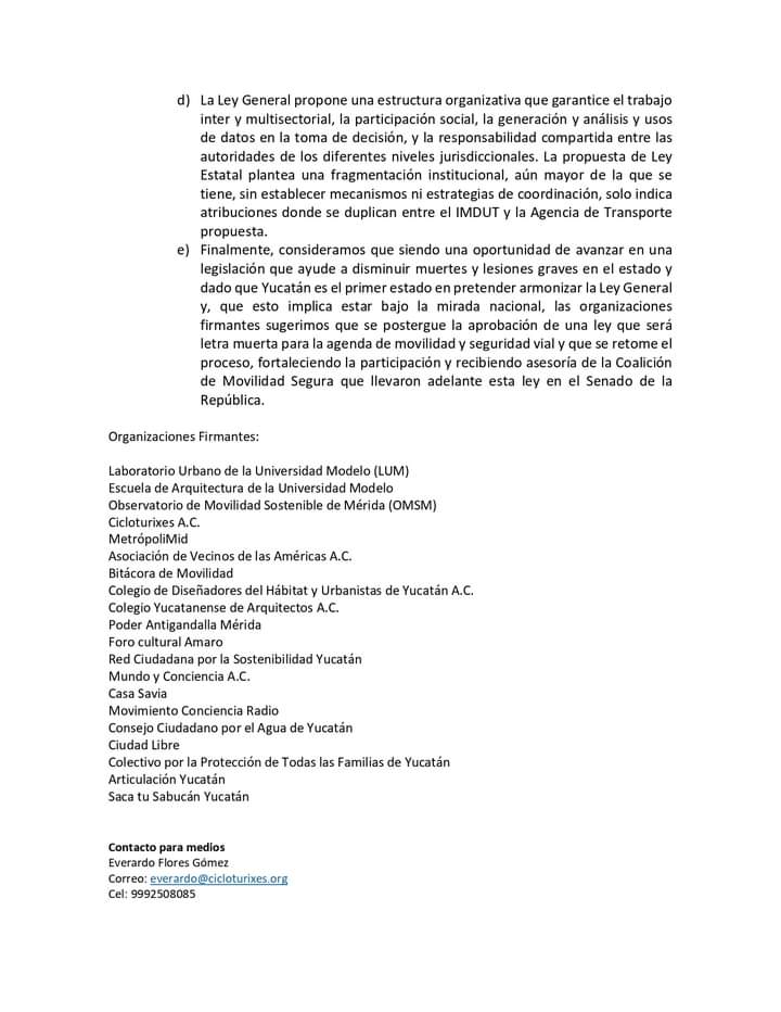 LumUnimodelo's tweet photo. BOLETÍN DE PRENSA
8 de agosto de 2022
Las organizaciones abajo firmantes nos oponemos a la aprobación de la Ley de Movilidad y Seguridad Vial del Estado de Yucatán propuesta por el Gobierno del Estado y que se someterá a aprobación el próximo martes 9 de agosto en el H. Congreso https://t.co/Z4vgvgLgKV