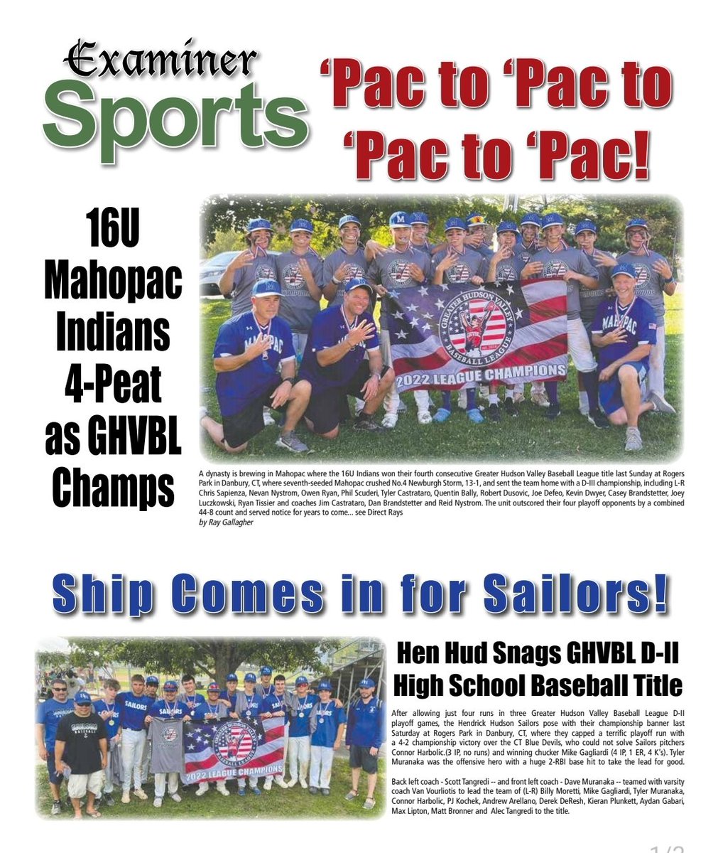 Lots of mentions in <a href="/ExaminerMedia/">Examiner Media</a> regarding <a href="/theghvbl/">Greater Hudson Valley Baseball League</a> championships by <a href="/MahopacBaseball/">Mahopac Baseball</a>, <a href="/Yorktownbaseba1/">Yorktown Huskers Baseball</a>, <a href="/HenHudBaseball/">Hen Hud Sailors Baseball</a> congrats to all. On newsstands tomoro