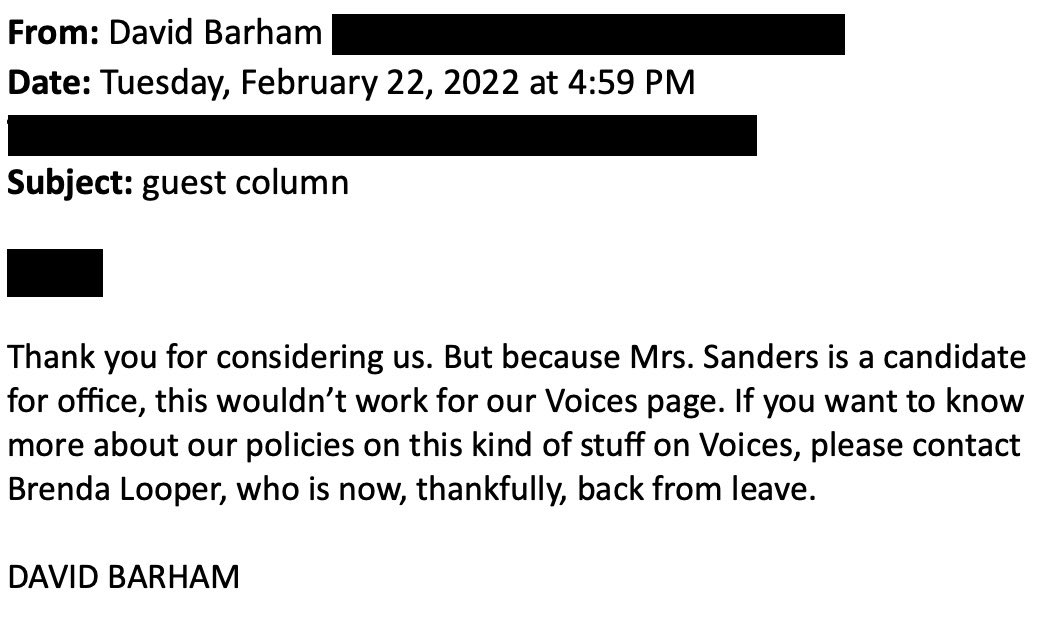 SarahHuckabee's tweet image. They said it was too “campaign-y” and wanted me to purchase an ad. 

Now @ArkansasOnline has published a “campaign-y” education column by my Democrat opponent attacking me. 
 
Americans know the liberal media has one set of rules for Republicans and another for Democrats…

2/3