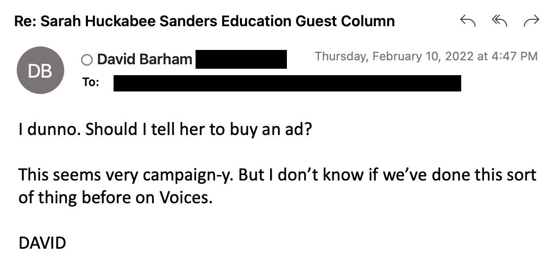 SarahHuckabee's tweet image. They said it was too “campaign-y” and wanted me to purchase an ad. 

Now @ArkansasOnline has published a “campaign-y” education column by my Democrat opponent attacking me. 
 
Americans know the liberal media has one set of rules for Republicans and another for Democrats…

2/3