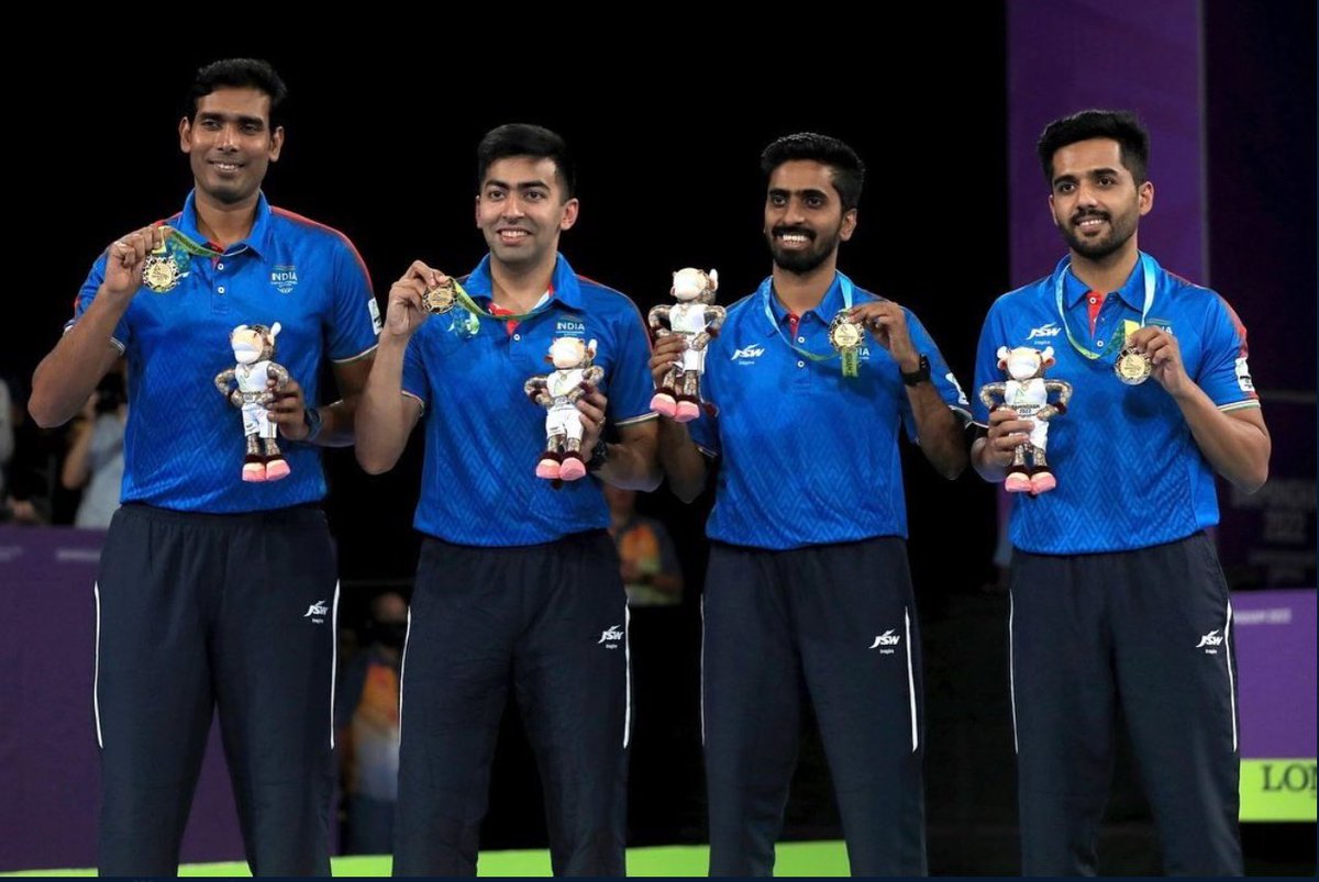 rebel__roar's tweet photo. Should we bow?
Yes, he is the king 🙏🎖️.
@sharathkamal1! A Legend in TT

Gold in Team Event.
Gold in Singles.
Gold in Mixed Doubles.
Silver in Men's Doubles.

#CWG22india #AchantaSharathKamal 
#22Gold https://t.co/HAp80YRY8t