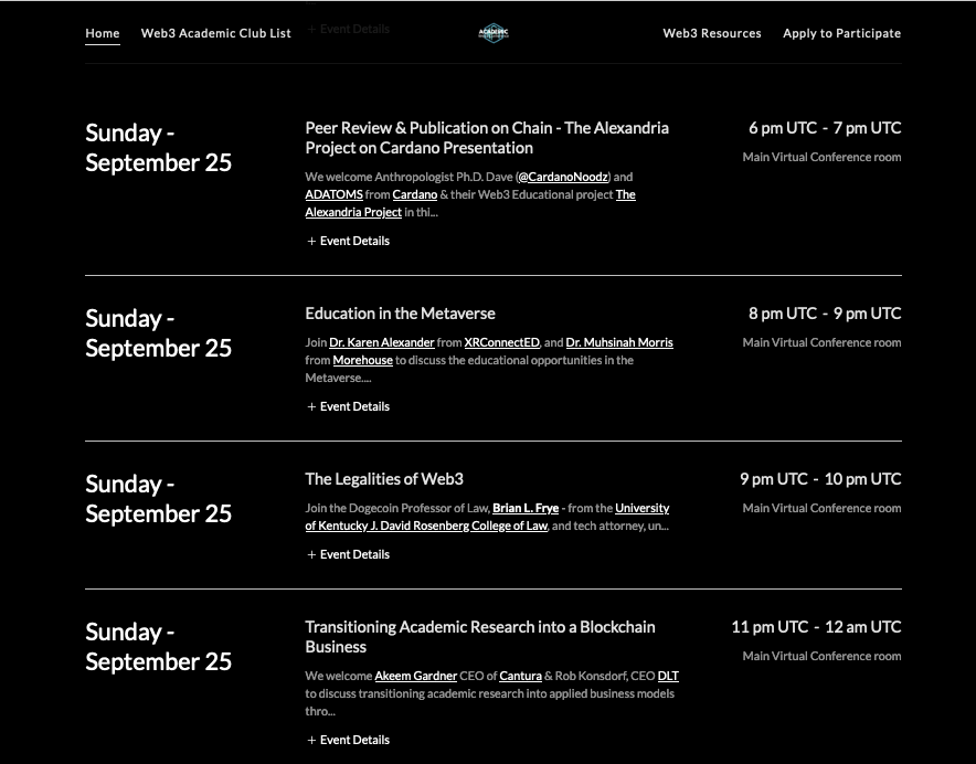 AcademicNFTCon's tweet photo. 📣 UPDATED #AcademicWeb3 Conf. SCHEDULE‼️
JOIN US virtually - globally on Sept. 24-25th, 2022🌏
RSVP at: https://t.co/jwOSF52ZCc 
🧵 SCHEDULE BELOW 👇
#EdTech #Web3 #Metaverse #NFTs #Blockchain #DAO #DeSci #DeRe #Academic #K12 #Education https://t.co/ZVbL2gExnd