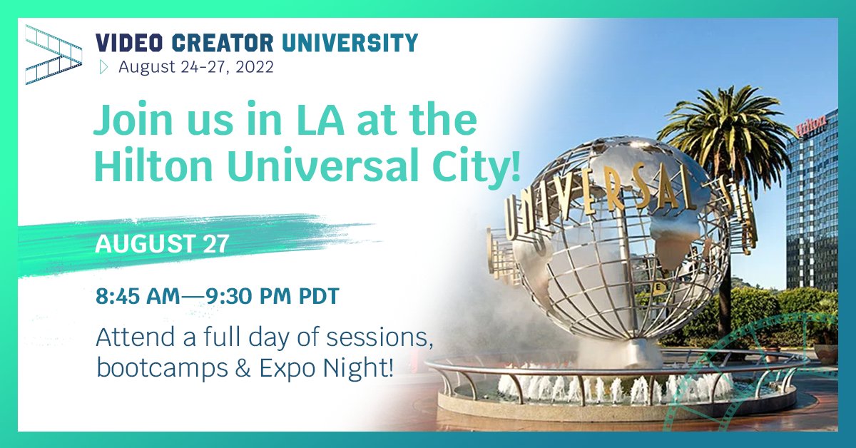 FMC_Conferences's tweet photo. Announcing our LA venue for the #VideoCreatorUniversity, the Hilton Universal City! We are excited to bring you a full day packed with training sessions, keynotes, and panel discussions on August 27. Here's how you can join us in the heart of LA! https://t.co/xCMyVdwdaK https://t.co/o2z4J0cFGG
